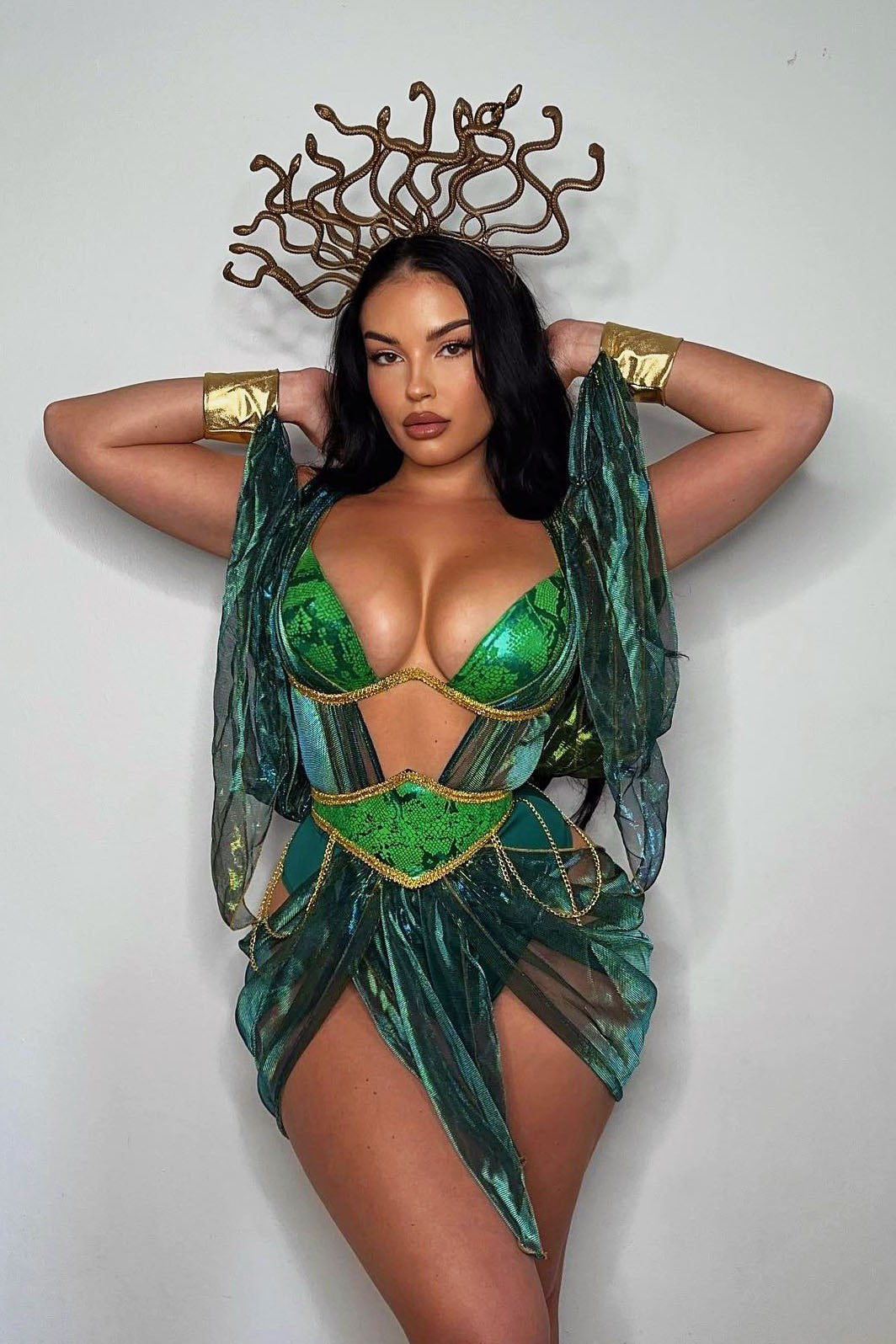 Three Piece Scale Print Costume Set with Metallic Headpiece and Stretch Knit Fabric