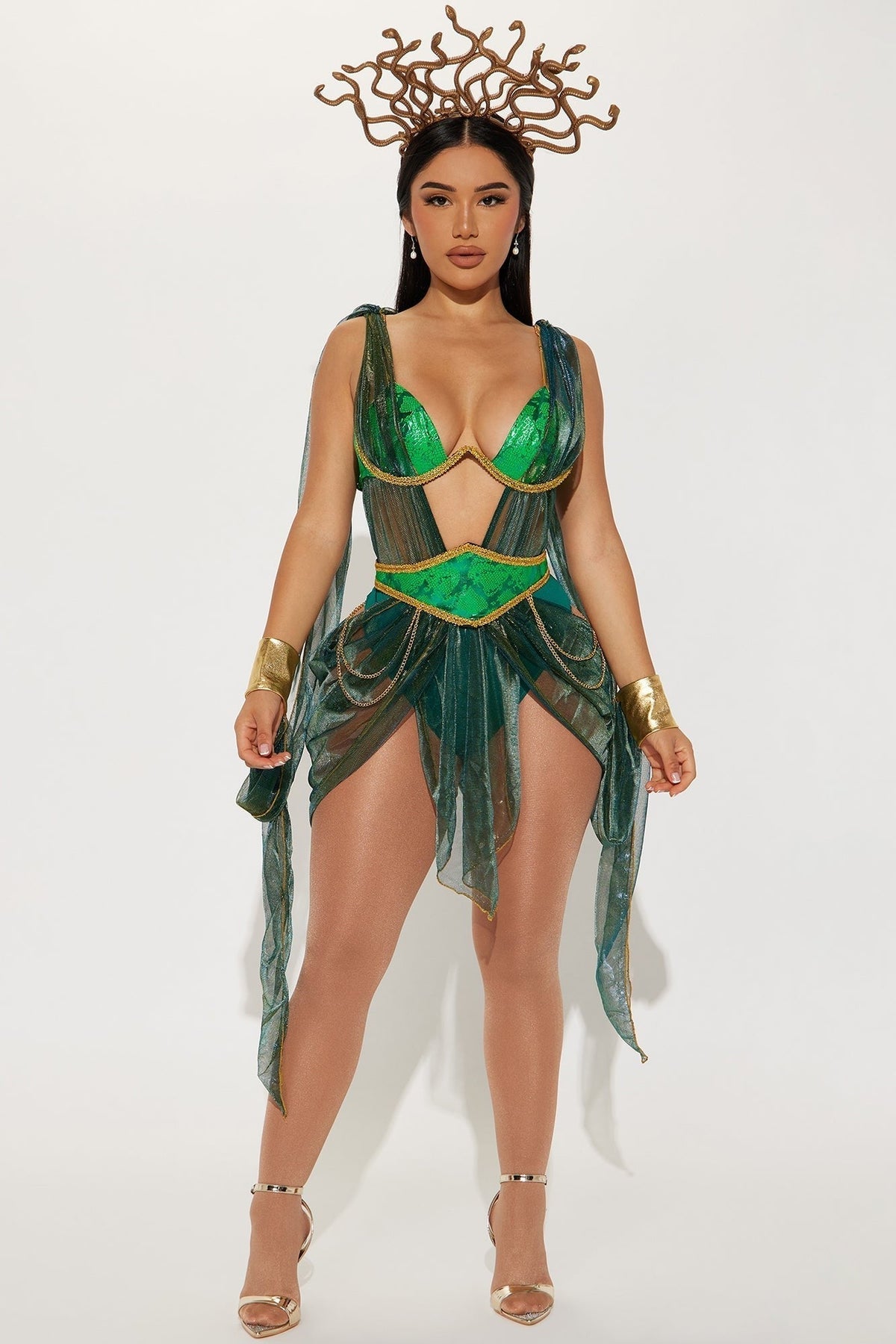 Three Piece Scale Print Costume Set with Metallic Headpiece and Stretch Knit Fabric