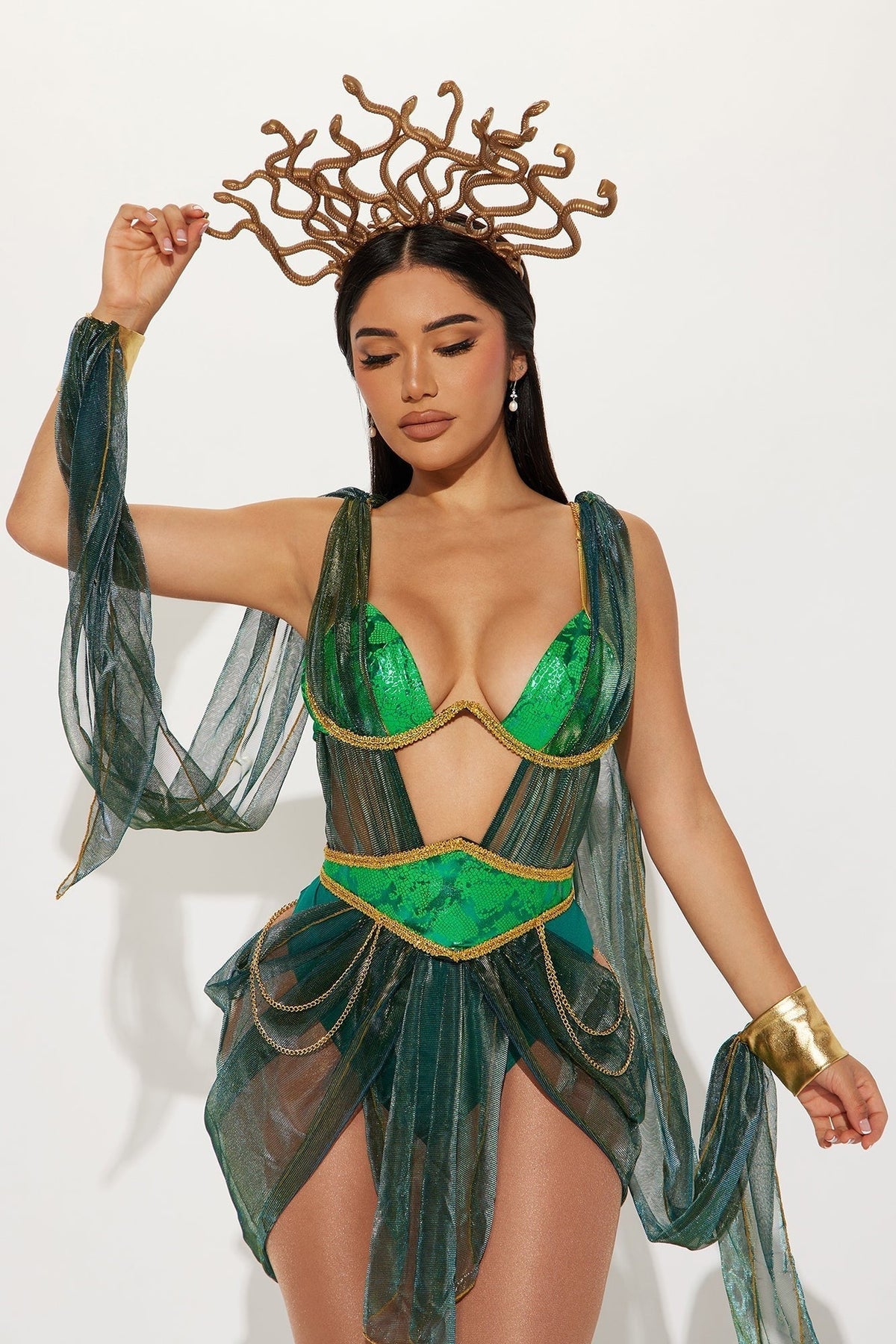 Three Piece Scale Print Costume Set with Metallic Headpiece and Stretch Knit Fabric