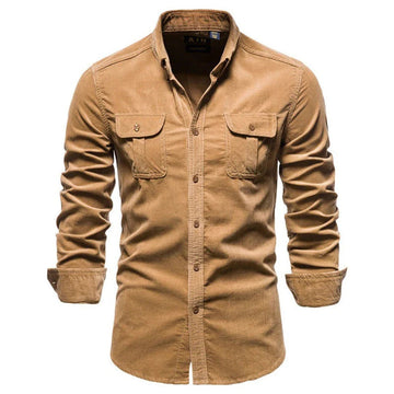 Men's Corduroy Shirt with Point Collar and Button Front, Long Sleeve Regular Fit