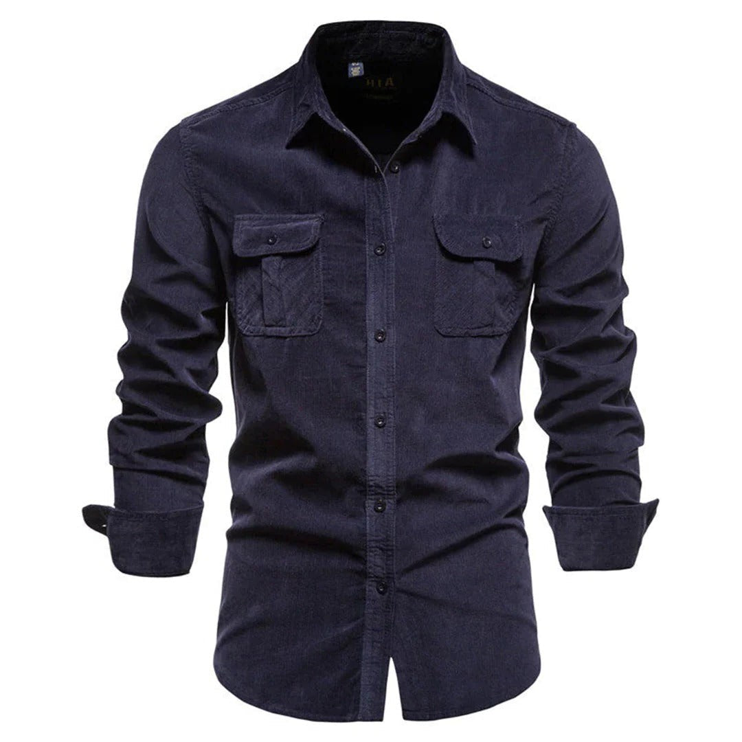 Men's Corduroy Shirt with Point Collar and Button Front, Long Sleeve Regular Fit