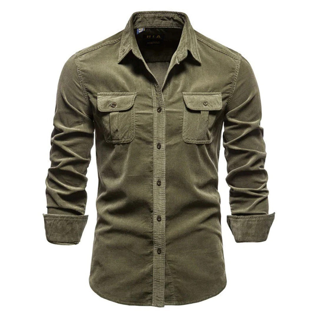 Men's Corduroy Shirt with Point Collar and Button Front, Long Sleeve Regular Fit