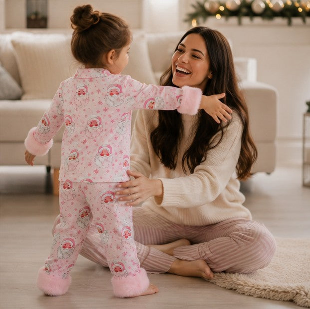 Holiday Pajama Set for Toddlers with Fur Trim and Santa Snowflake Print