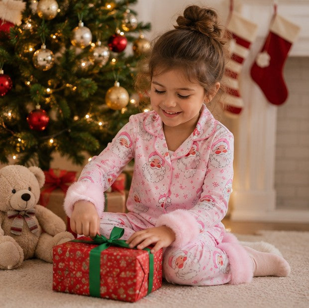 Holiday Pajama Set for Toddlers with Fur Trim and Santa Snowflake Print