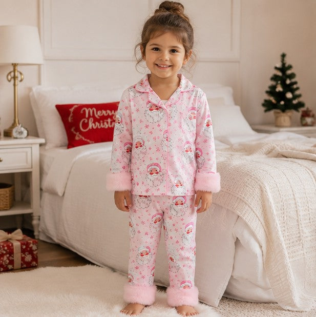 Holiday Pajama Set for Toddlers with Fur Trim and Santa Snowflake Print