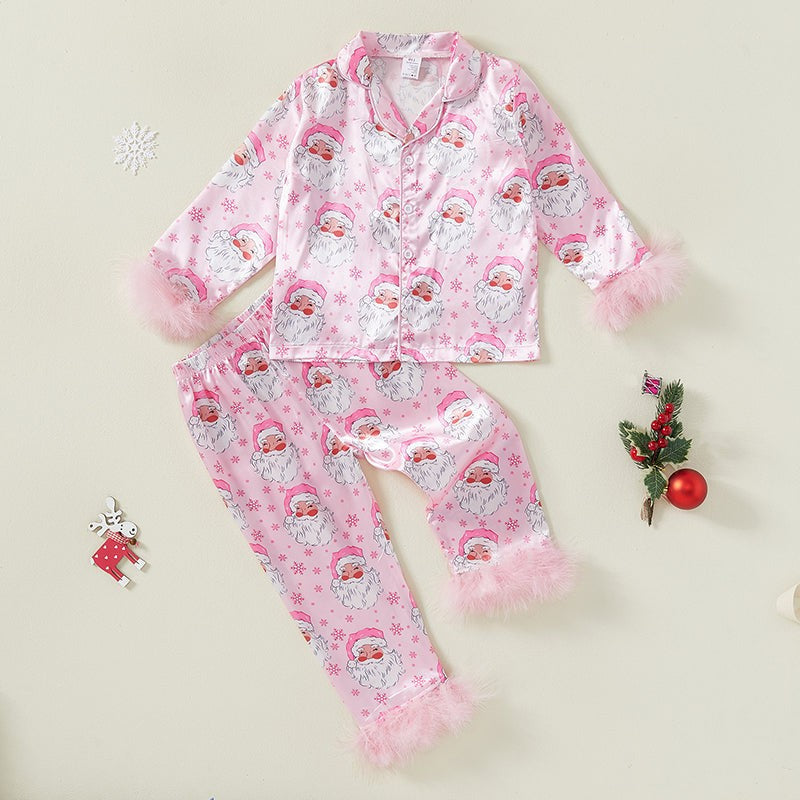 Holiday Pajama Set for Toddlers with Fur Trim and Santa Snowflake Print