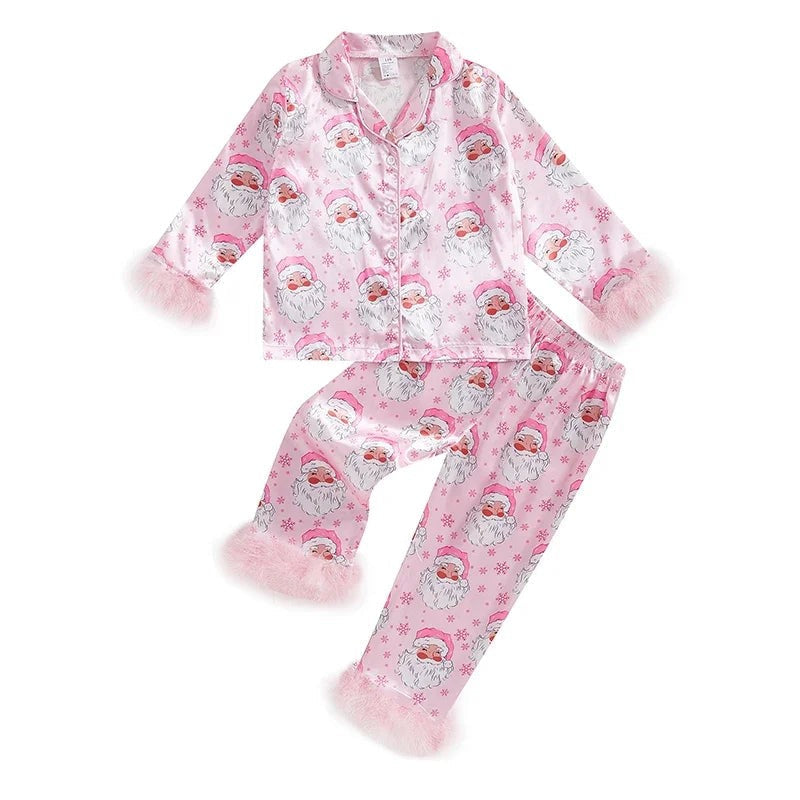 Holiday Pajama Set for Toddlers with Fur Trim and Santa Snowflake Print