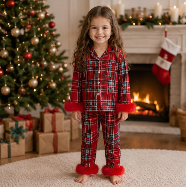 Holiday Pajama Set for Toddlers with Fur Trim and Santa Snowflake Print
