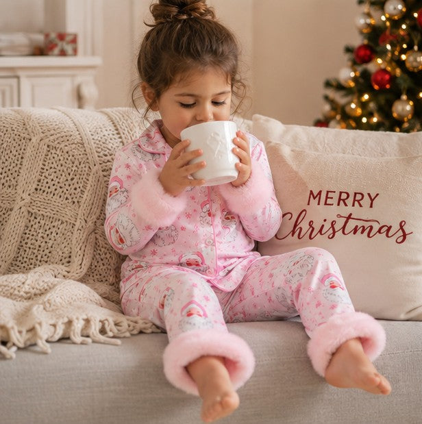Holiday Pajama Set for Toddlers with Fur Trim and Santa Snowflake Print