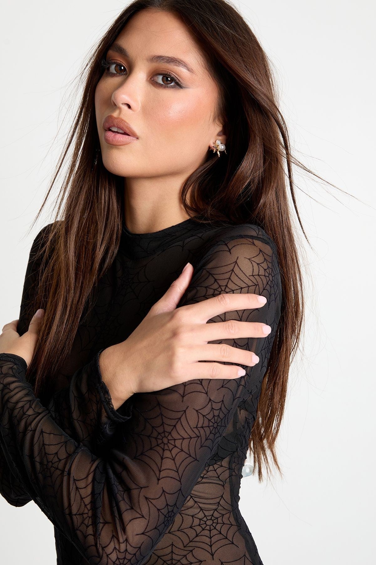 Mesh Jumpsuit with Flocked Cobweb Pattern and Long Sleeves for Costume Events