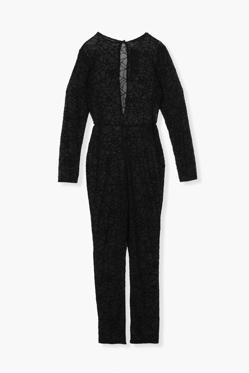 Mesh Jumpsuit with Flocked Cobweb Pattern and Long Sleeves for Costume Events