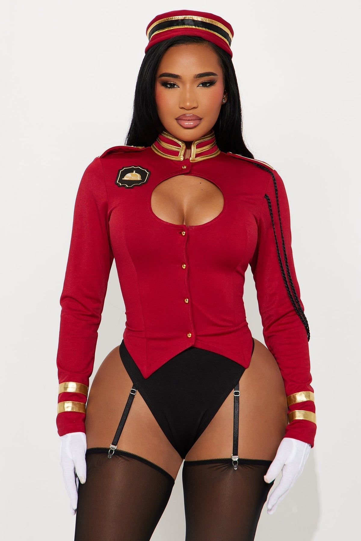 Burgundy Bellhop Five Piece Costume Set with Jacket, Hat and Leggings