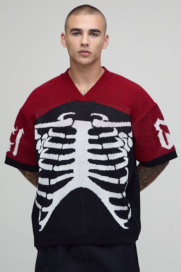 Red Skeleton Jacquard Knit Top with V Neckline and Ribbed Sleeve Trim