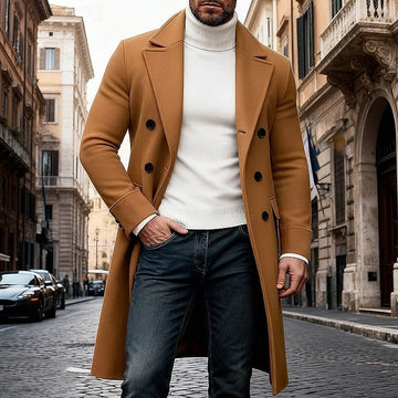 Double Breasted Long Overcoat with Wide Lapel Collar and Side Pockets