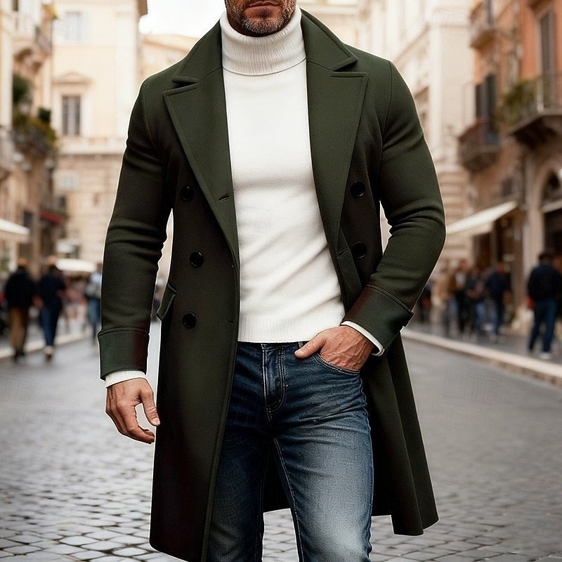 Double Breasted Long Overcoat with Wide Lapel Collar and Side Pockets