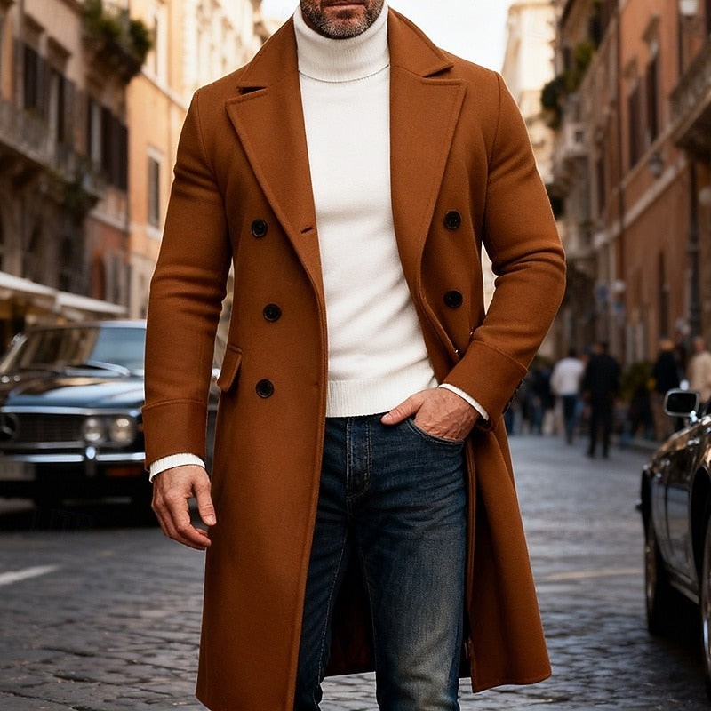 Double Breasted Long Overcoat with Wide Lapel Collar and Side Pockets