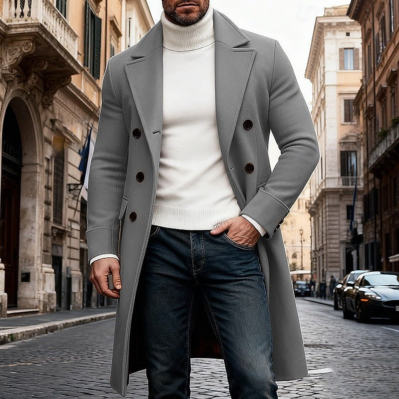 Double Breasted Long Overcoat with Wide Lapel Collar and Side Pockets