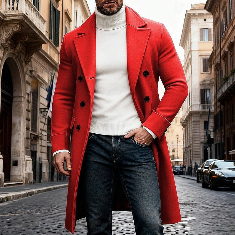 Double Breasted Long Overcoat with Wide Lapel Collar and Side Pockets