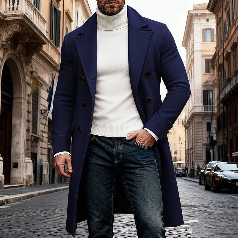 Double Breasted Long Overcoat with Wide Lapel Collar and Side Pockets