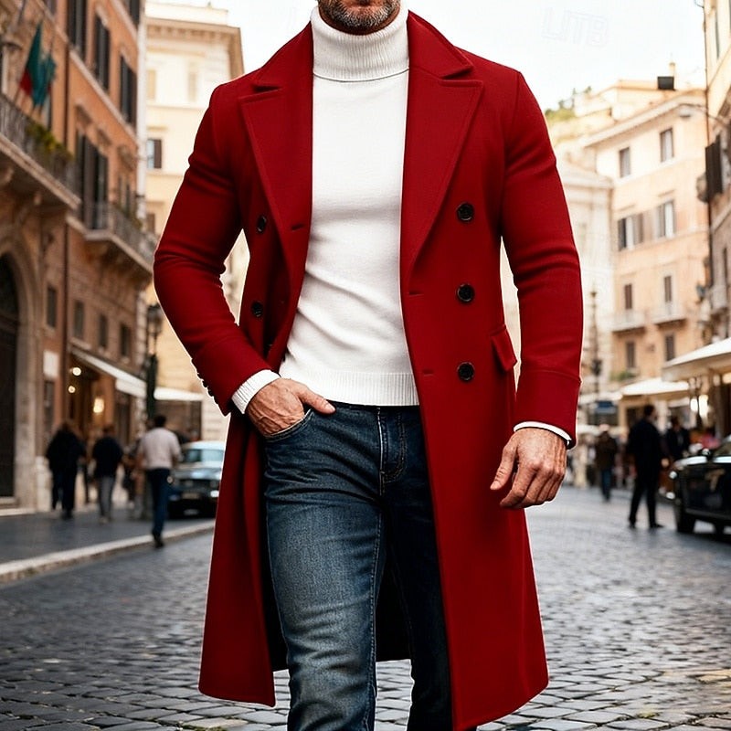 Double Breasted Long Overcoat with Wide Lapel Collar and Side Pockets