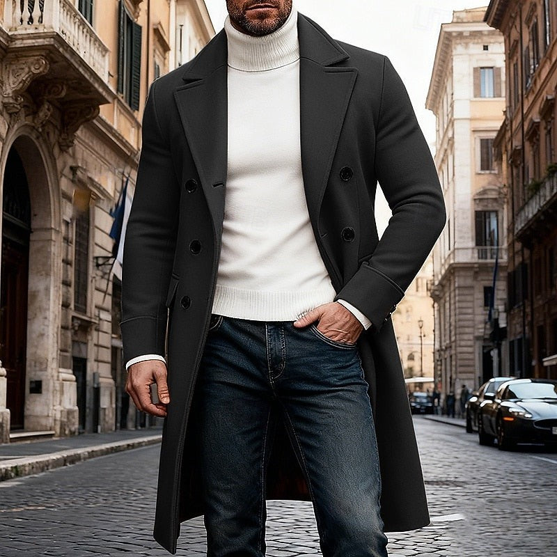 Double Breasted Long Overcoat with Wide Lapel Collar and Side Pockets