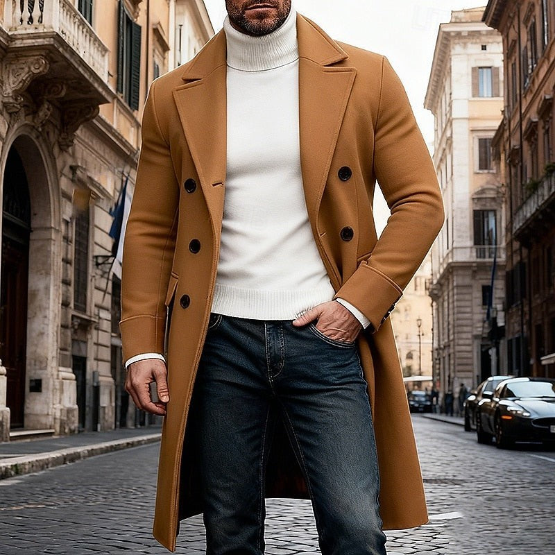 Double Breasted Long Overcoat with Wide Lapel Collar and Side Pockets