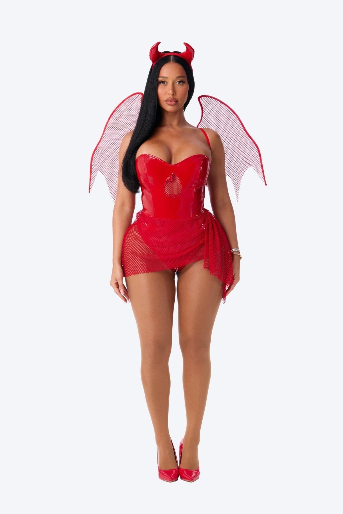 Demon Costume Dress with Horn Headband and Wings, Red Three Piece Set