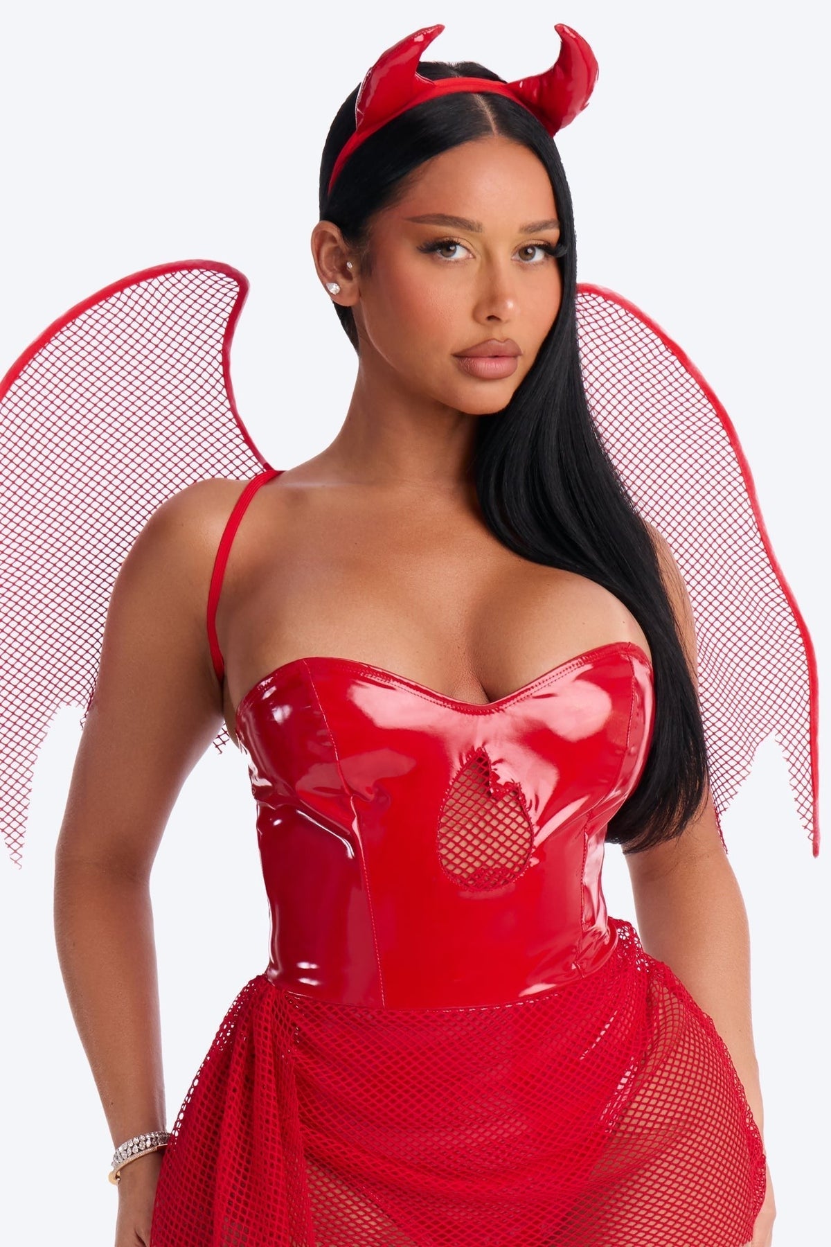 Demon Costume Dress with Horn Headband and Wings, Red Three Piece Set