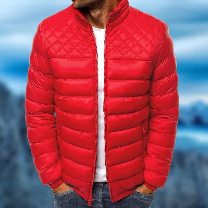Men's Quilted Jacket with Water Repellent Shell and Stowable Hood