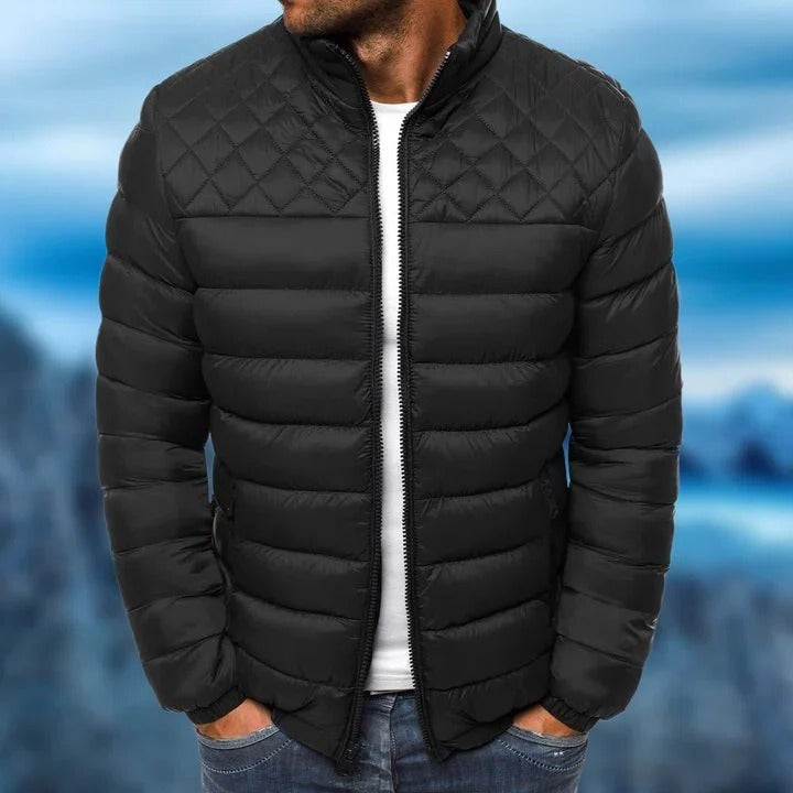 Men's Quilted Jacket with Water Repellent Shell and Stowable Hood