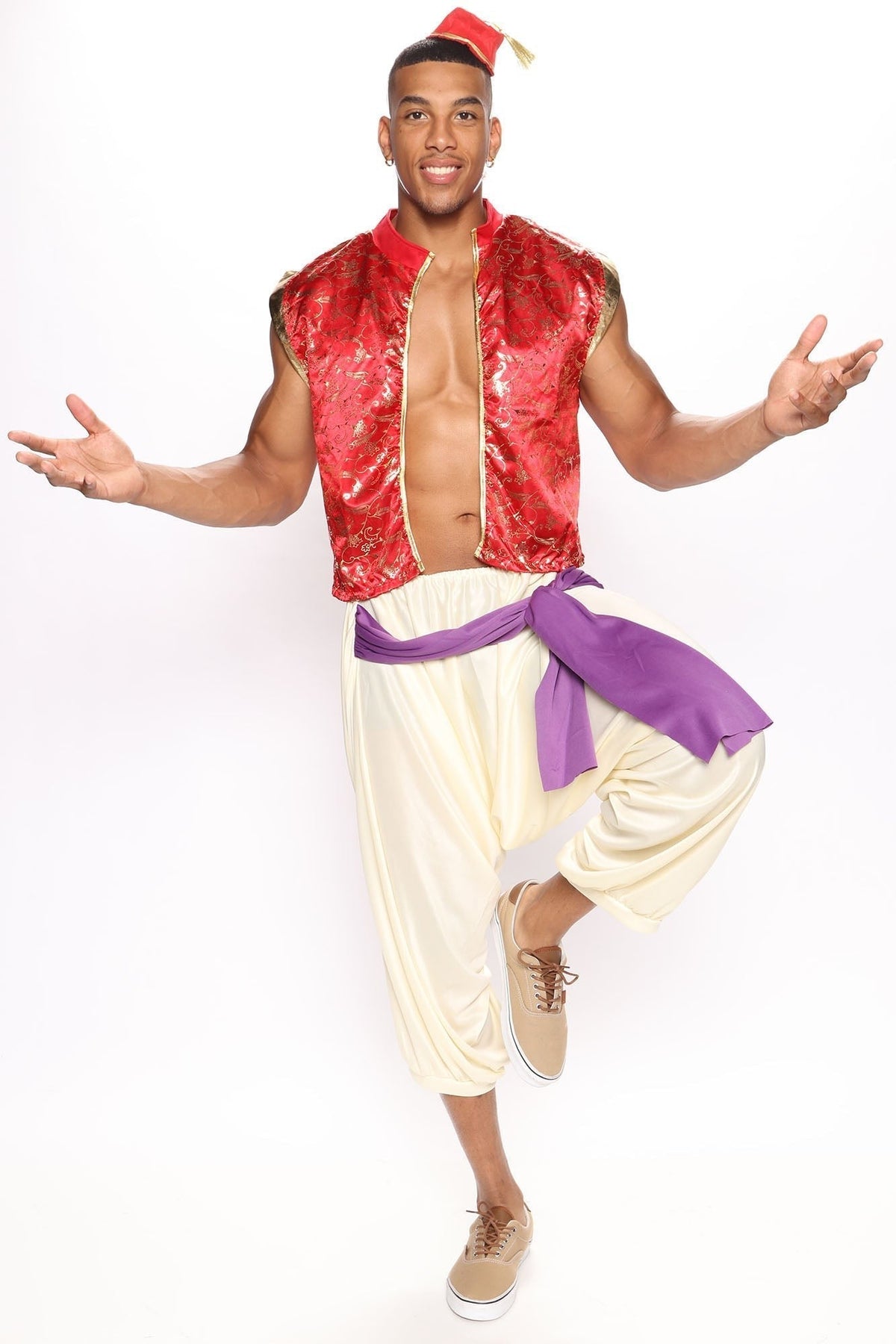 Men's Three Piece Red Costume Set with Decorative Epaulets and Accent Trims