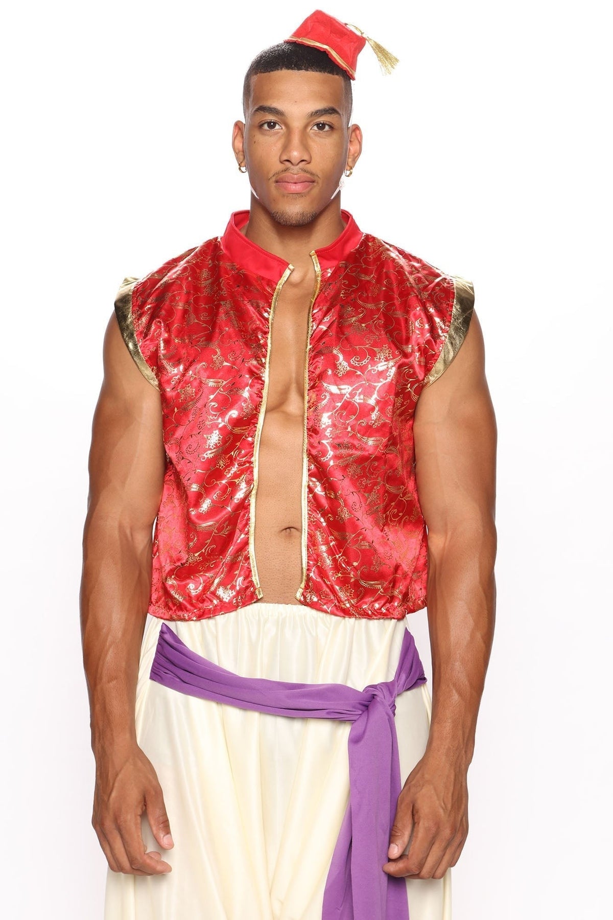 Men's Three Piece Red Costume Set with Decorative Epaulets and Accent Trims