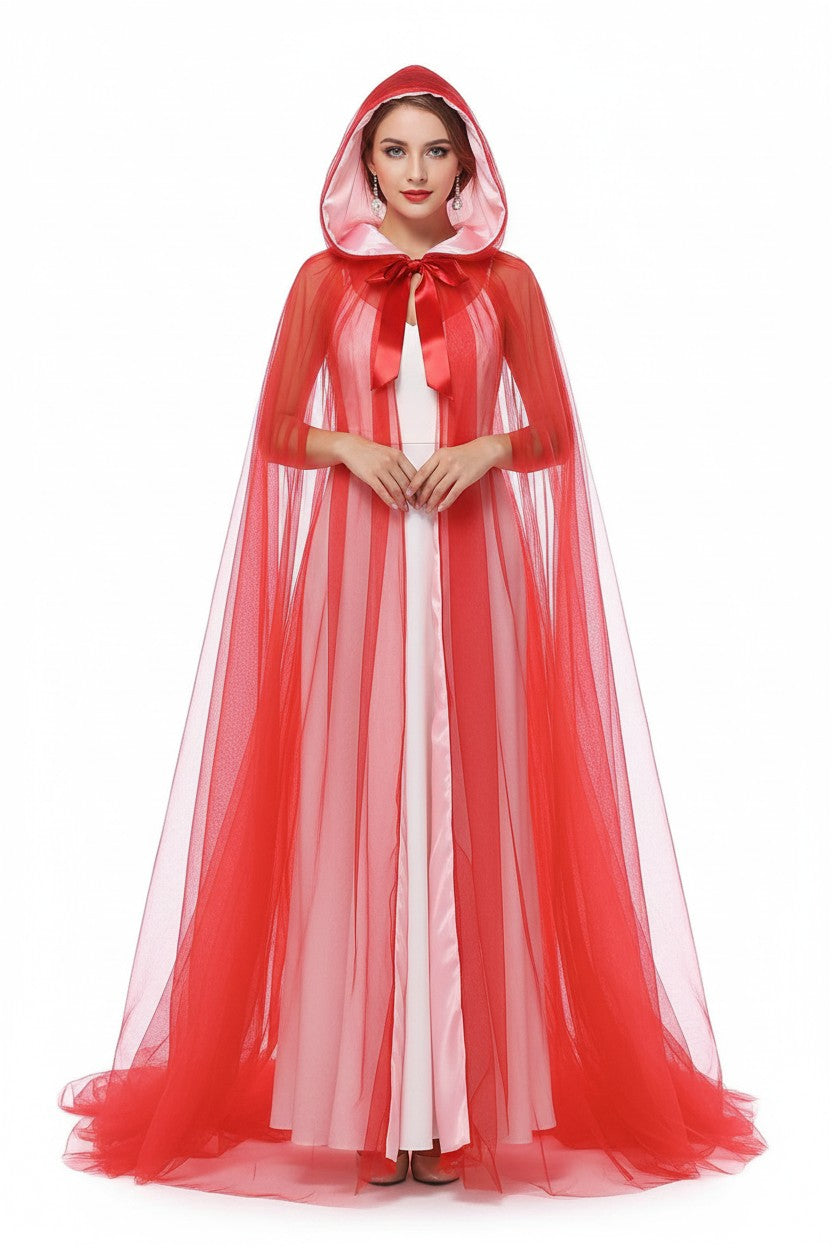 Mesh Tulle Hooded Cloak with Self Tying Loop, 59 Inch Floor Length