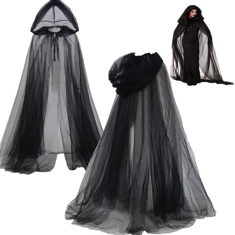 Mesh Tulle Hooded Cloak with Self Tying Loop, 59 Inch Floor Length