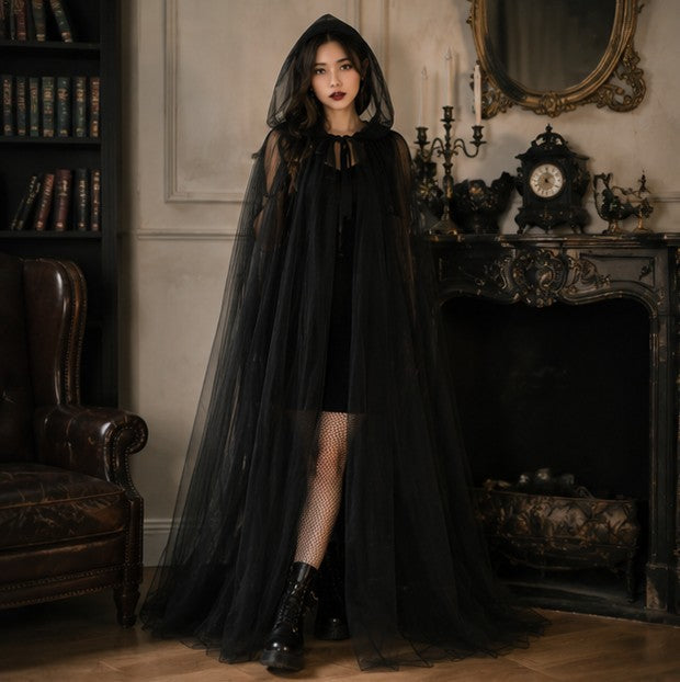 Mesh Tulle Hooded Cloak with Self Tying Loop, 59 Inch Floor Length