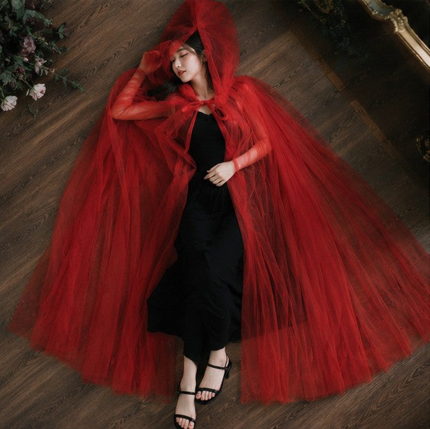 Mesh Tulle Hooded Cloak with Self Tying Loop, 59 Inch Floor Length