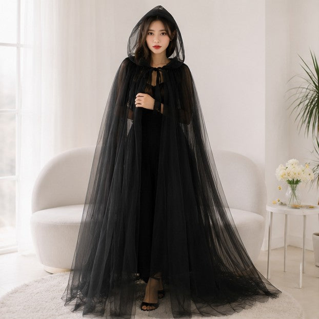 Mesh Tulle Hooded Cloak with Self Tying Loop, 59 Inch Floor Length