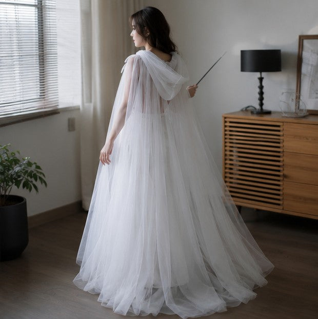 Mesh Tulle Hooded Cloak with Self Tying Loop, 59 Inch Floor Length