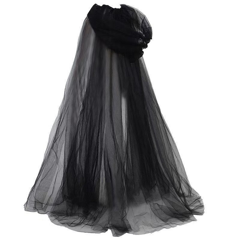 Mesh Tulle Hooded Cloak with Self Tying Loop, 59 Inch Floor Length