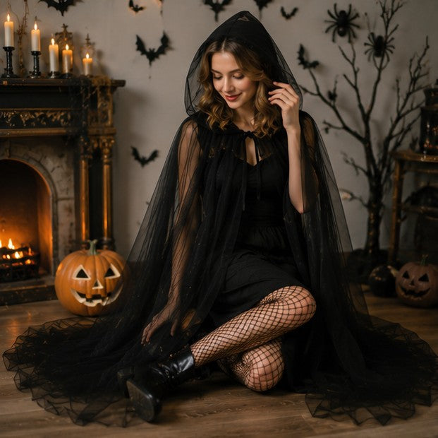Mesh Tulle Hooded Cloak with Self Tying Loop, 59 Inch Floor Length