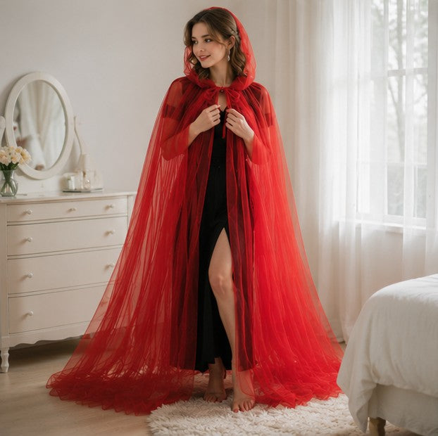 Mesh Tulle Hooded Cloak with Self Tying Loop, 59 Inch Floor Length