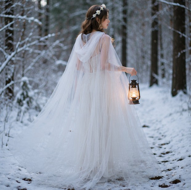 Mesh Tulle Hooded Cloak with Self Tying Loop, 59 Inch Floor Length