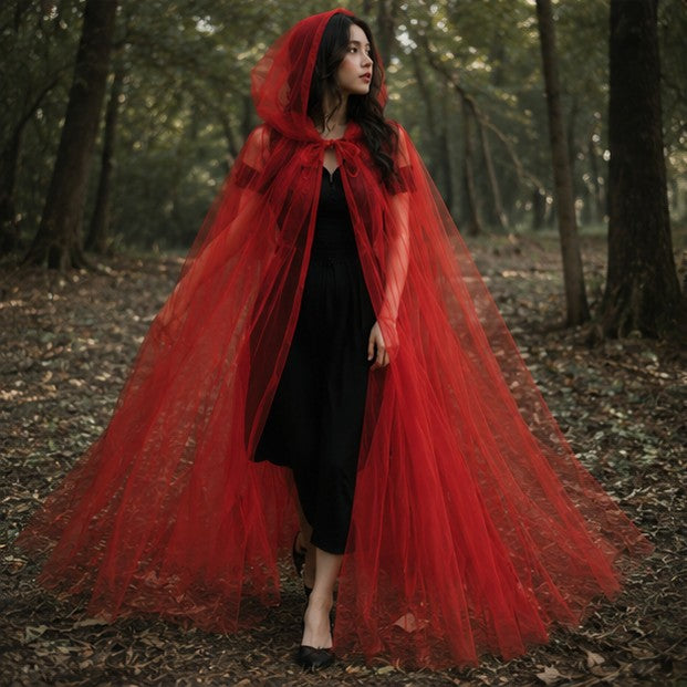 Mesh Tulle Hooded Cloak with Self Tying Loop, 59 Inch Floor Length