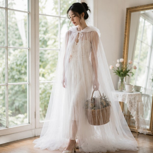 Mesh Tulle Hooded Cloak with Self Tying Loop, 59 Inch Floor Length