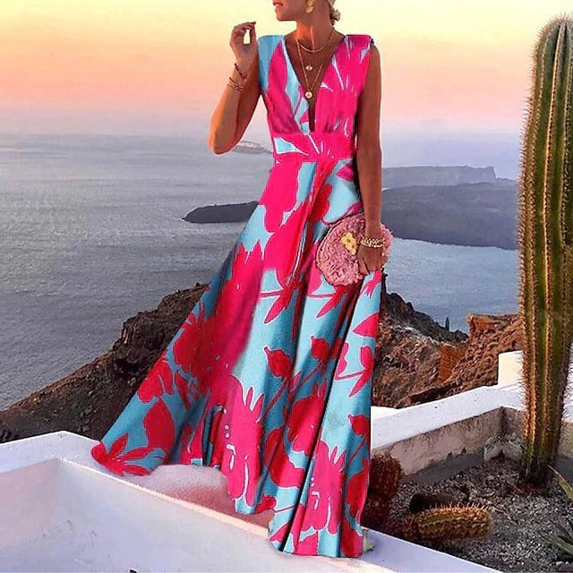 Women's Sleeveless Maxi Dress with V Neckline and Fitted Waist