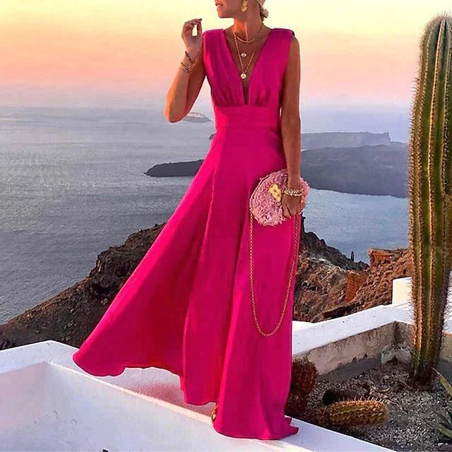 Women's Sleeveless Maxi Dress with V Neckline and Fitted Waist