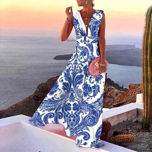 Women's Sleeveless Maxi Dress with V Neckline and Fitted Waist