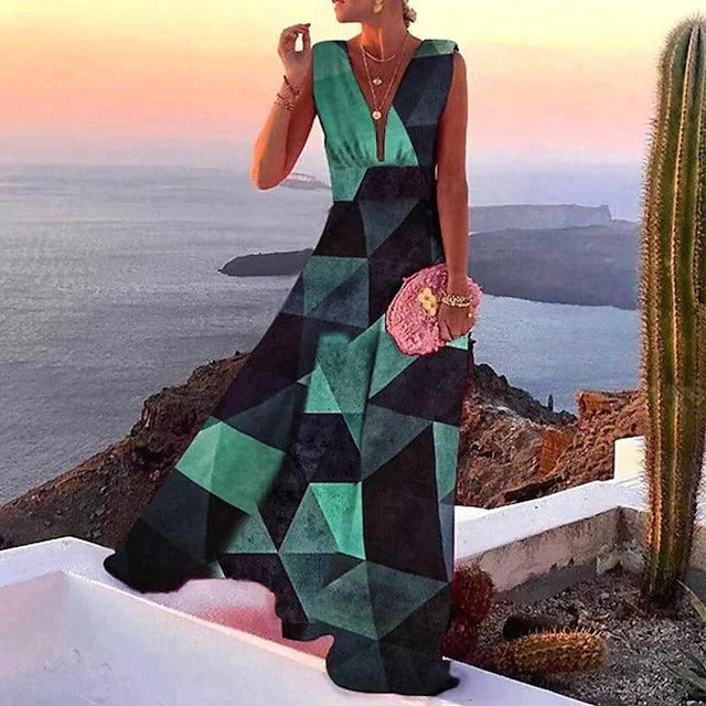 Women's Sleeveless Maxi Dress with V Neckline and Fitted Waist