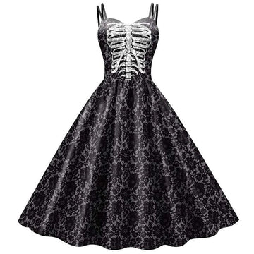 Gothic Skeleton Rose Print Dress with Fitted Bodice and Flowing Skirt