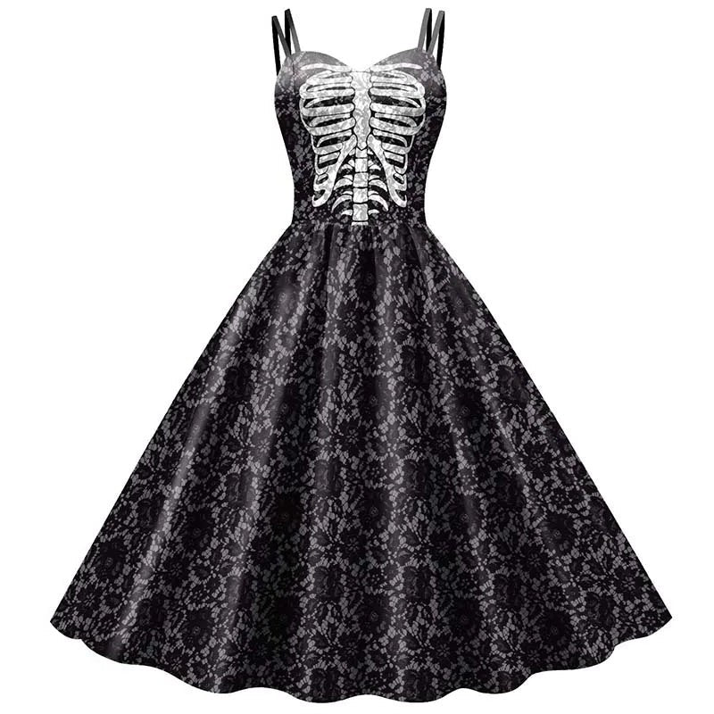 Gothic Skeleton Rose Print Dress with Fitted Bodice and Flowing Skirt
